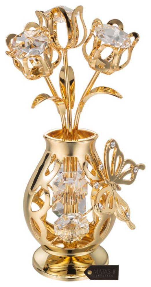 Matashi 24K Gold Plated Flower Ornament in Vase w Crystals Decorative Butterfly