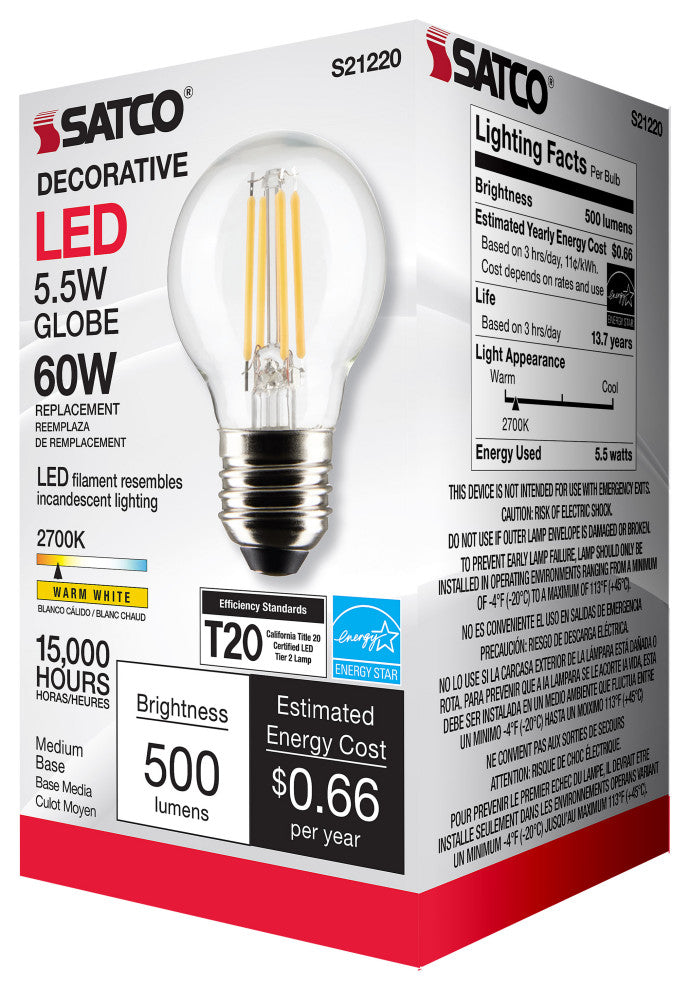 5.5W G16.5 LED, Clear, Medium Base, 90 CRI, 2700K, 120V
