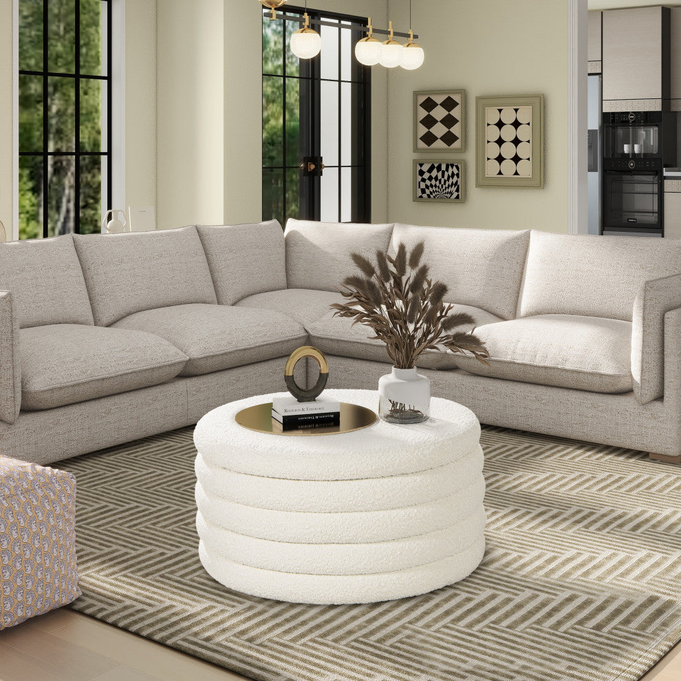 Fuji 36" Round Upholstered Storage Cocktail Ottoman, Ivory White Boucle