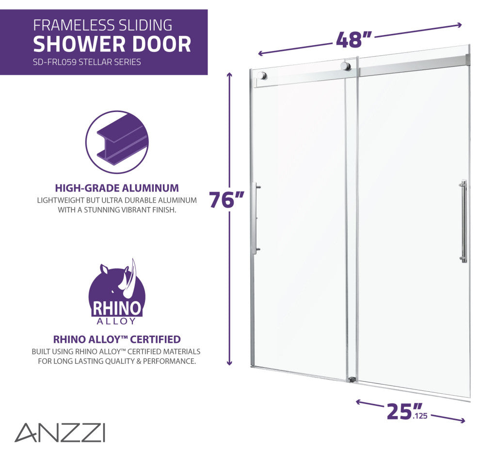 ANZZI Stellar 76" H Frameless Sliding Shower Door, Matte Black, 48" W