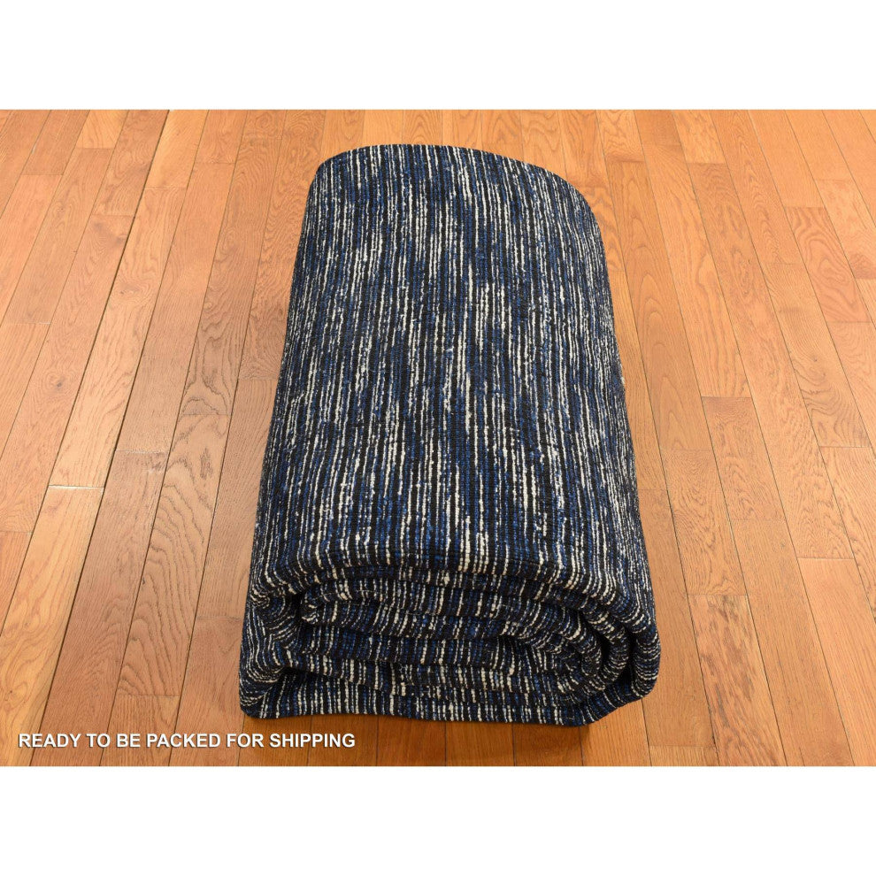 Steel Blue Modern Fence Design Wool and Art Silk Hand Loomed Rug 9'2"x12'