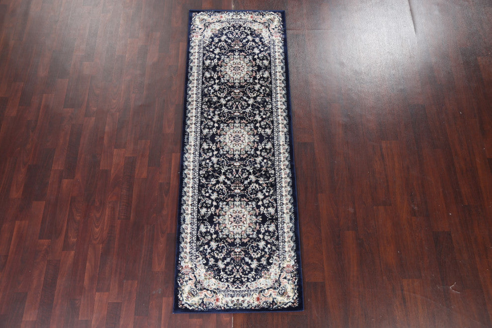 Navy Blue Floral Medallion Transitional Turkish Rug Oriental Carpet 3x8