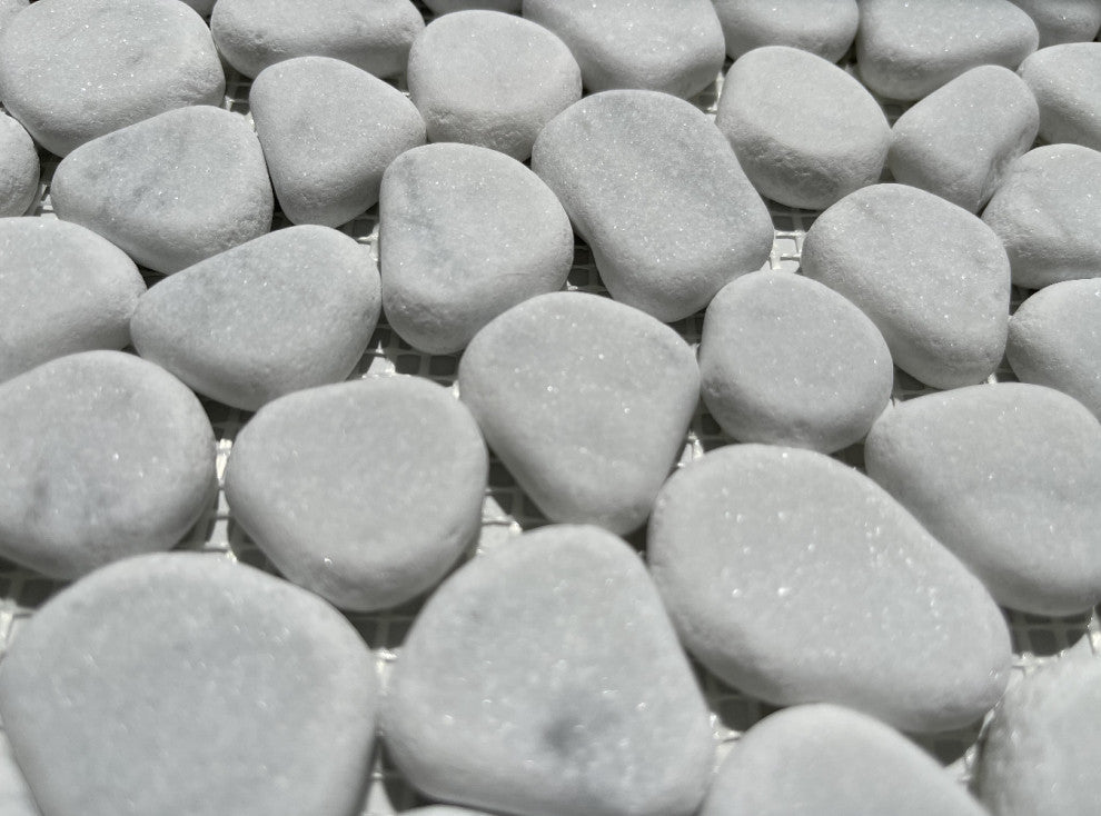 Pebble Stone Mosaic Tile Carrara White Marble River Rocks Tumbled, 1 sheet