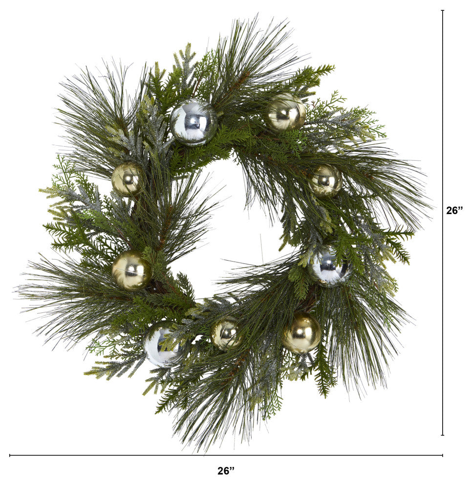 Nearly Natural 26ï¿½ Sparkling Pine Artificial Wreath with Decorative Ornaments