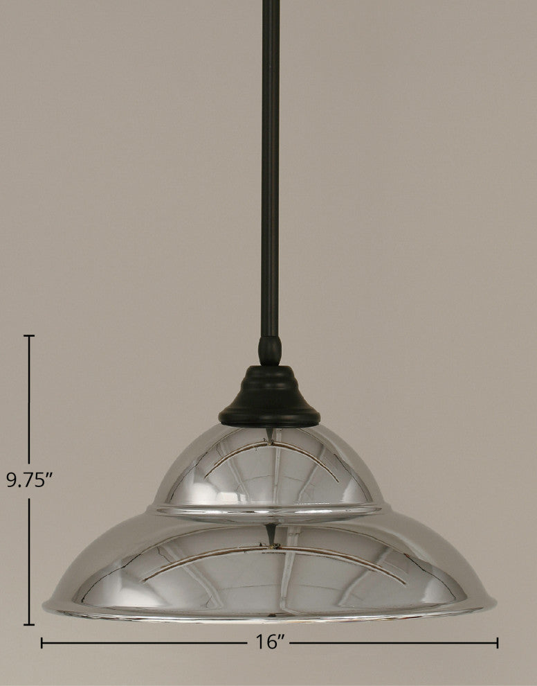 Stem Pendant In Matte Black, 16" Chrome Double Bubble Metal Shade Glass