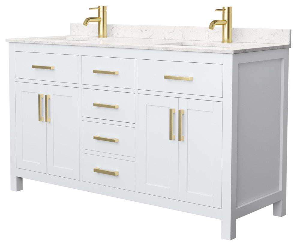 60"DBL Bath Vanity White, Carrara Cult. Marble Countertop, Sinks, Gold Trim