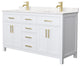 60"DBL Bath Vanity White, Carrara Cult. Marble Countertop, Sinks, Gold Trim