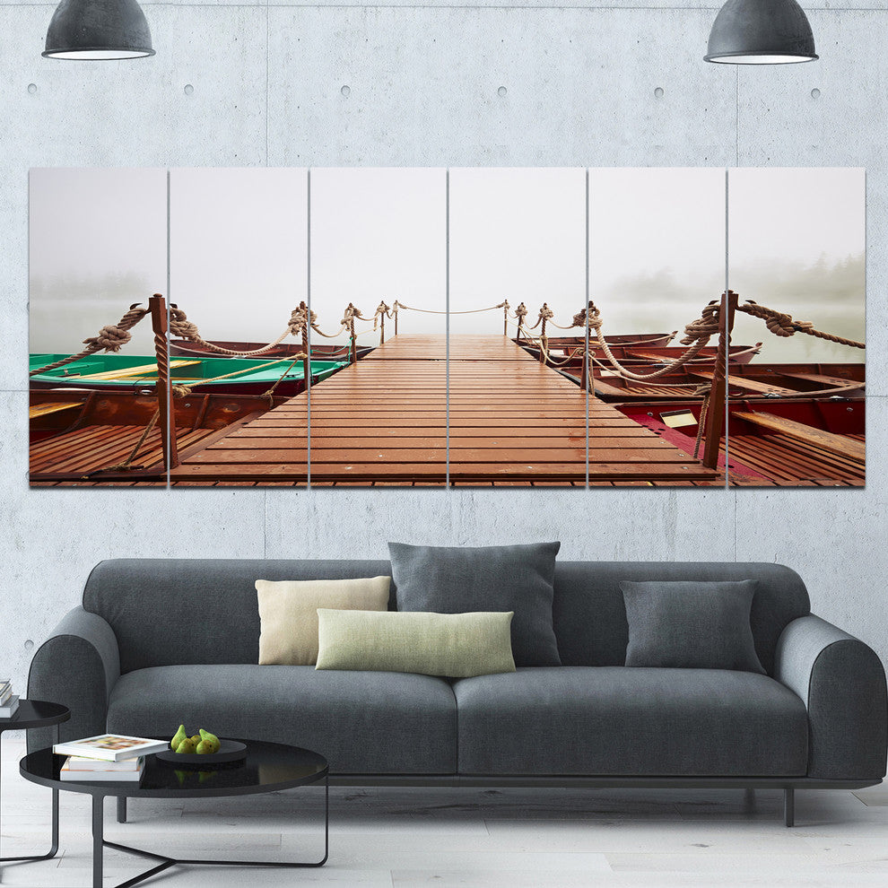 Boats in Mysterious Fog, Boat Canvas Art Print, 70"x28", 6 Panels
