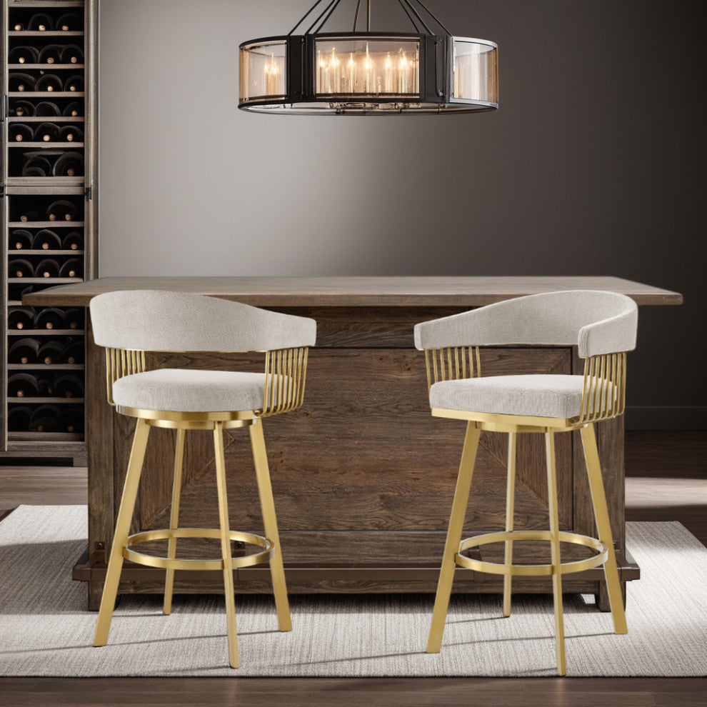 Chelsea Swivel Counter Stool, Gold Brushed Stainless Steel, Taupe Fabric, 30"