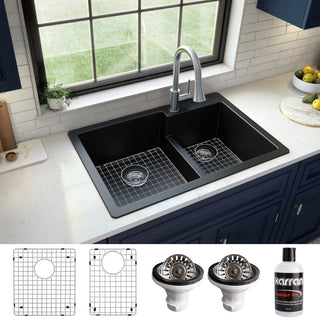 Karran 33" Top Mount Double Bowl 60/40 Quartz Kitchen Sink Kit, Black