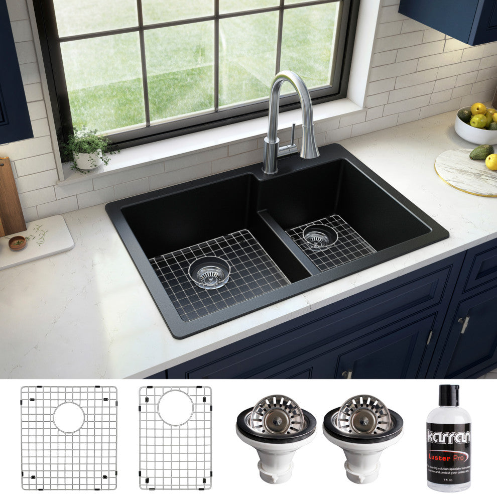 Karran 33" Top Mount Double Bowl 60/40 Quartz Kitchen Sink Kit, Black