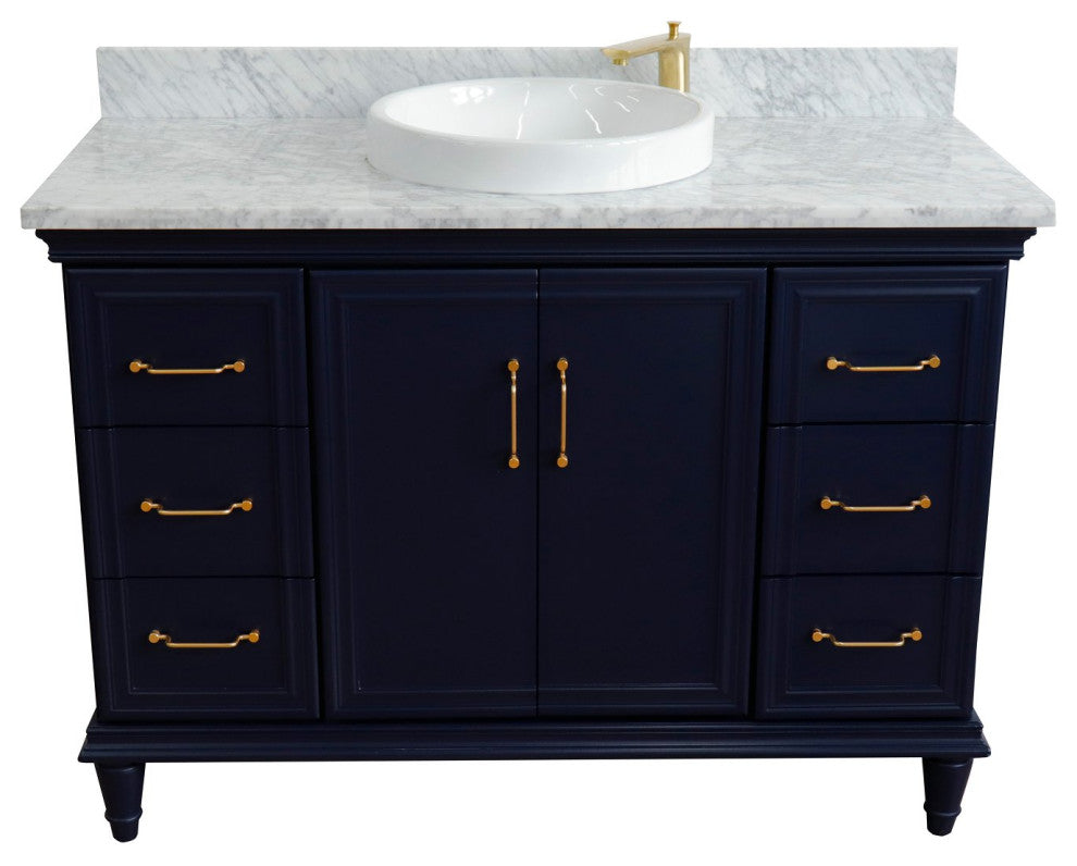 49" Single Sink Vanity, Blue Finish With White Carrara Marble and Round Sink