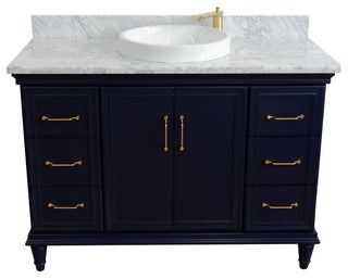 49" Single Sink Vanity, Blue Finish With White Carrara Marble and Round Sink
