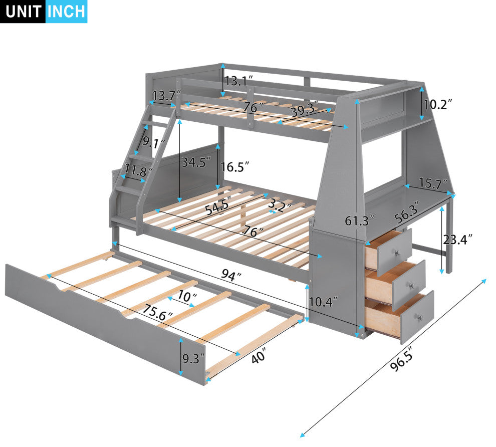 Gewnee Twin Over Full Bunk Bed with Desk Trundle and Built-in Desk  in Gray