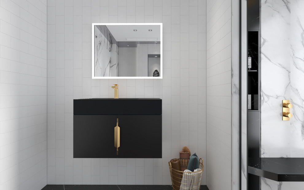 CastelloUSA Amazon 30" Left Wall Mounted Bathroom Vanity Set, Black, Black Top, Gold Handles
