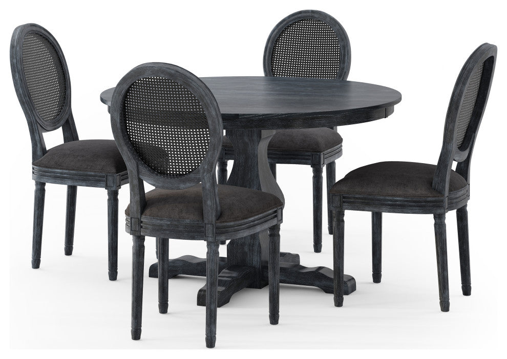 Mores French Country Upholstered Wood and Rattan 5-Piece Circular Dining Set, Gray, Fabric