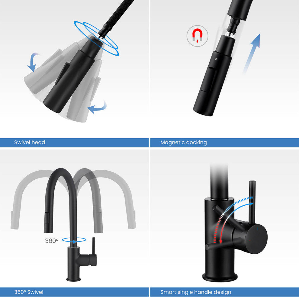 Circular Single Handle Pull Down Kitchen Faucet, Matte Black