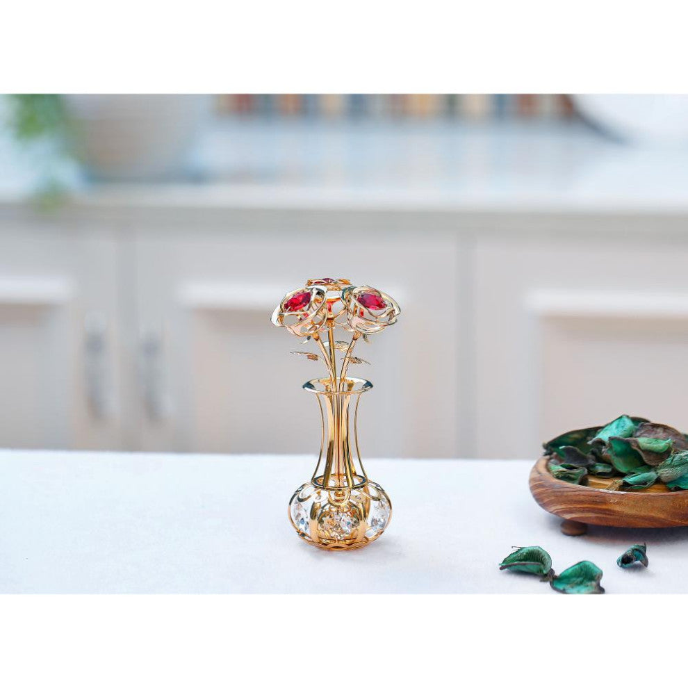 24k Gold Plated Flowers Bouquet and Vase w Red and Clear Crystals Home Decor