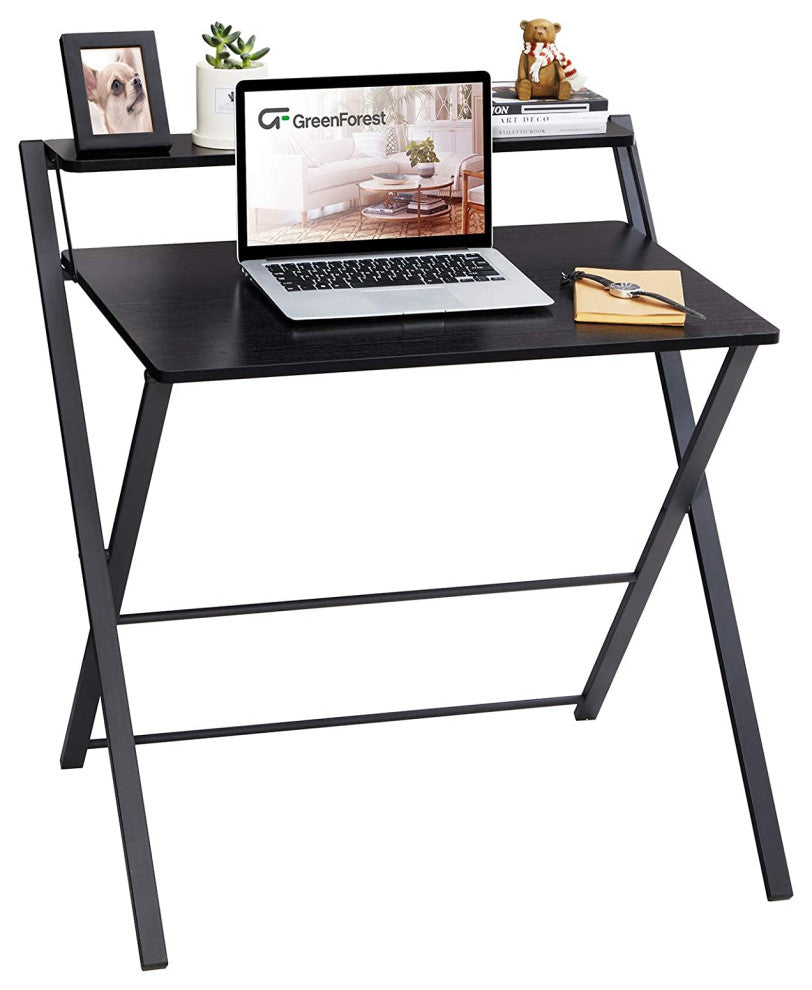 Folding Desk, 2 Tier Computer Desk with Shelf Space Saving