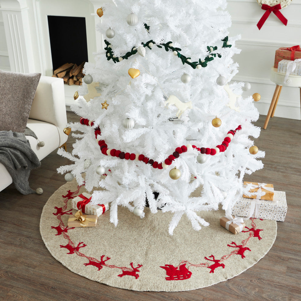 Reindeer Christmas Tree Skirt, Gray With Red Reindeer and Cream Whip Stitch, 72"