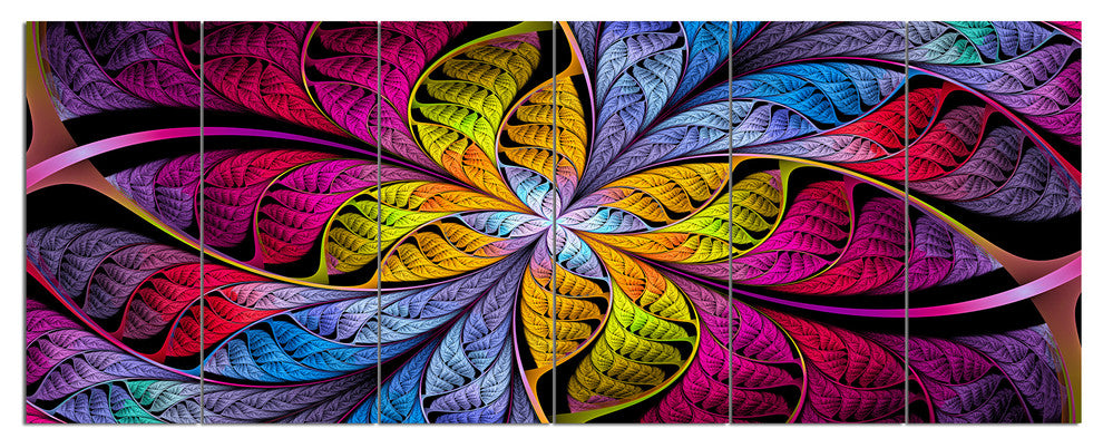 Pink Yellow Fractal Stained Glass, Abstract Canvas Art Print, 70"x28", 6 Panels