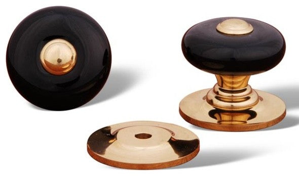 Polished Brass RKI Black Porc. Knob with Brass Tip, RKICK313