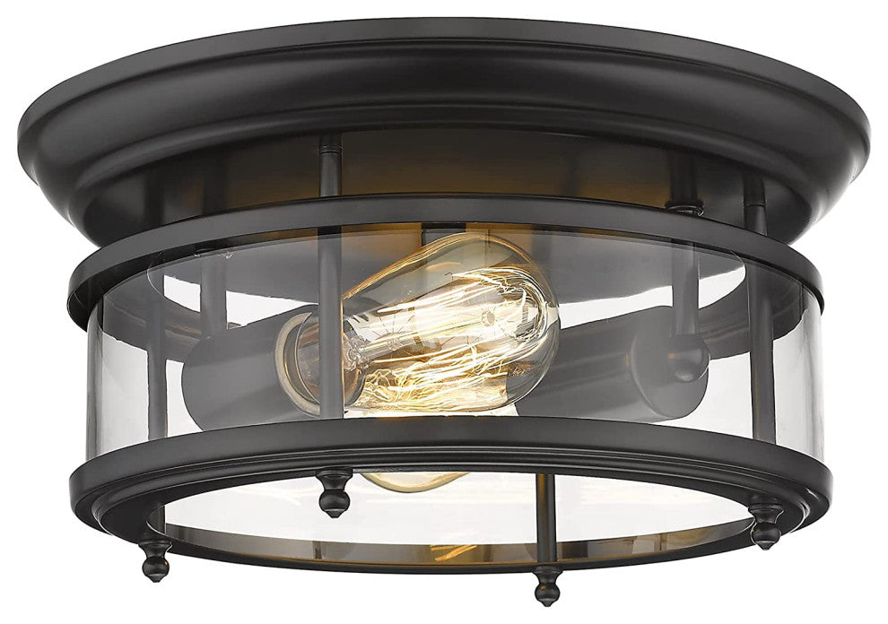 Industrial Ceiling Light Fixture 2 Light, Black, Glass, Flush Mount Ceiling Lamp