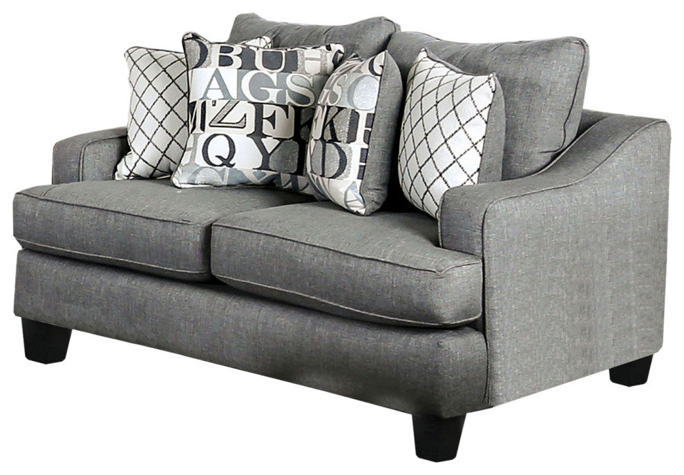 Linen-Like Fabric Loveseat with T-Cushion Seats Design, Bluish Gray