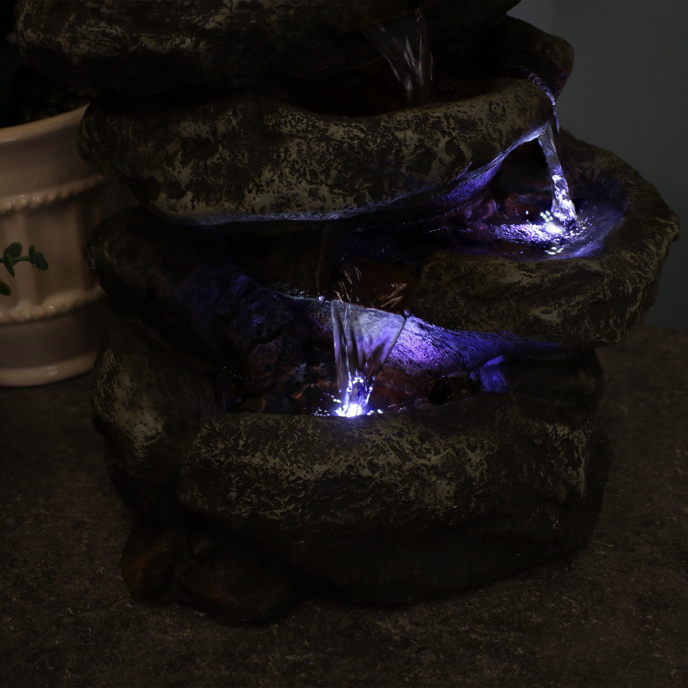 Sunnydaze 6 Tier Stone Falls Tabletop Indoor Water Fountain With LED, 15"
