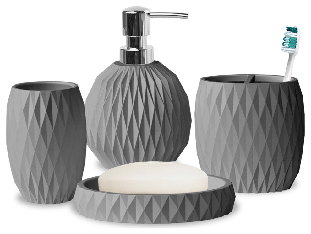 Resin Bath Accessory Set for Vanity Countertops 4 Piece Luxury Ensemble, Grey
