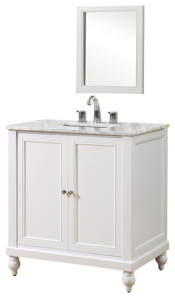 Classic 32" Pearl White Vanity, White Carrara Marble Top, With Mirror