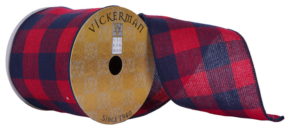 Vickerman Q201311 4"X10 Yard Red And Dark Blue Plaid Christmas Ribbon