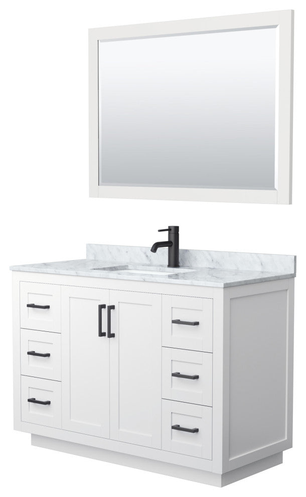 48"SGL Bathroom Vanity White, Carrara Countertop, Sink, Black Trim, 46" Mirror
