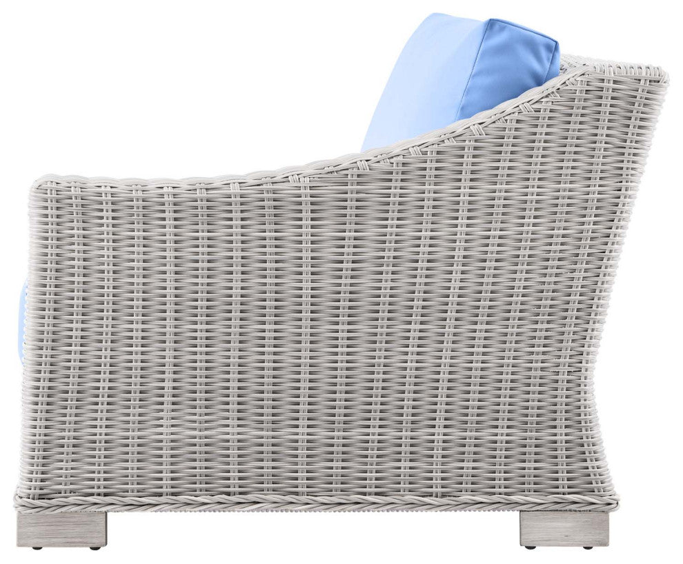 Lounge Sectional Sofa Chair Table Set, Rattan, Wicker, Gray Blue, Outdoor