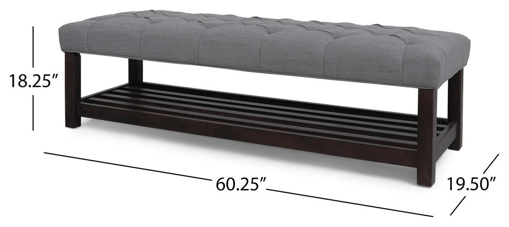 Pelon Contemporary Button Tufted Bench With Shelf, Gray/Dark Walnut
