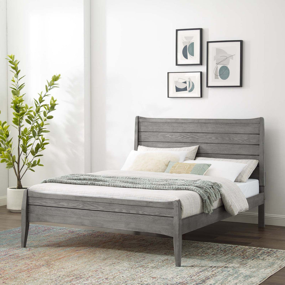 Platform Bed Frame, Full Size, Wood, Gray, Modern Farmhouse, Bedroom
