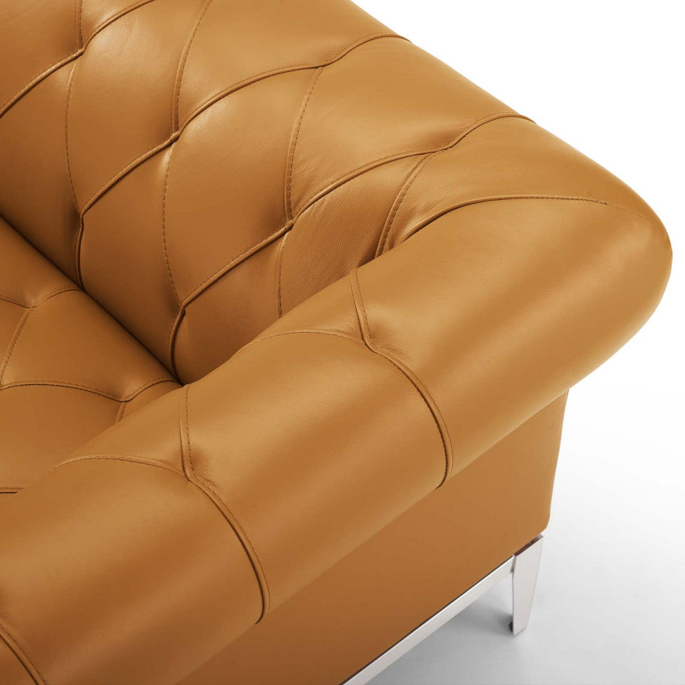 Modern Designer Living Room Lounge Club Lobby Loveseat Sofa, Leather, Tan Brown
