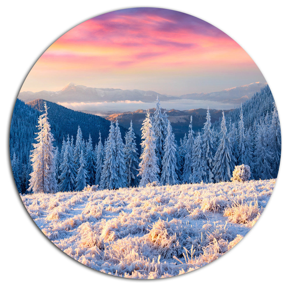 Amazing Winter Sunrise In Mountains, Landscape Round Metal Artwork, 11"