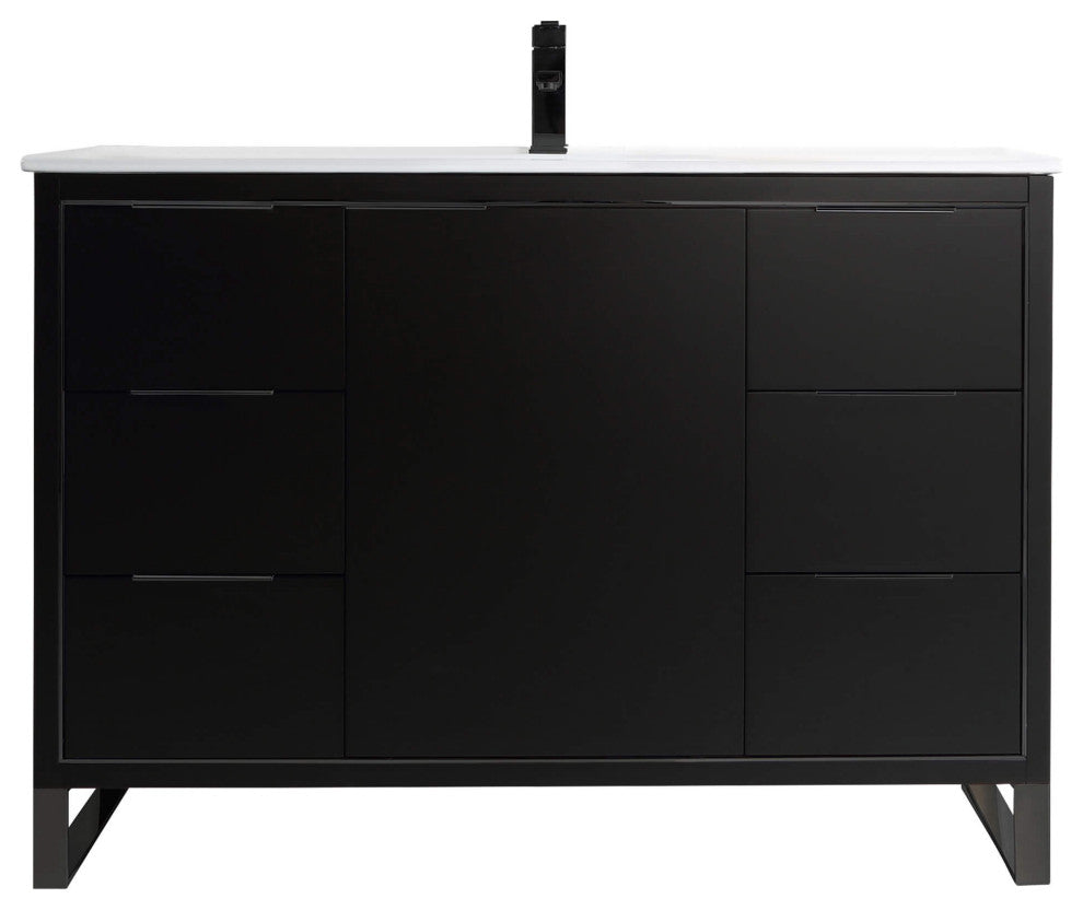 Opulence Bath Vanity, White Ceramic Sink, Black Matte, 48", Black Hardware