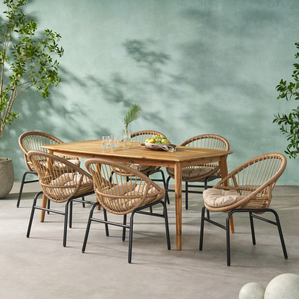 Waldron Outdoor Wicker and Acacia Wood 7 Piece Dining Set With Cushion