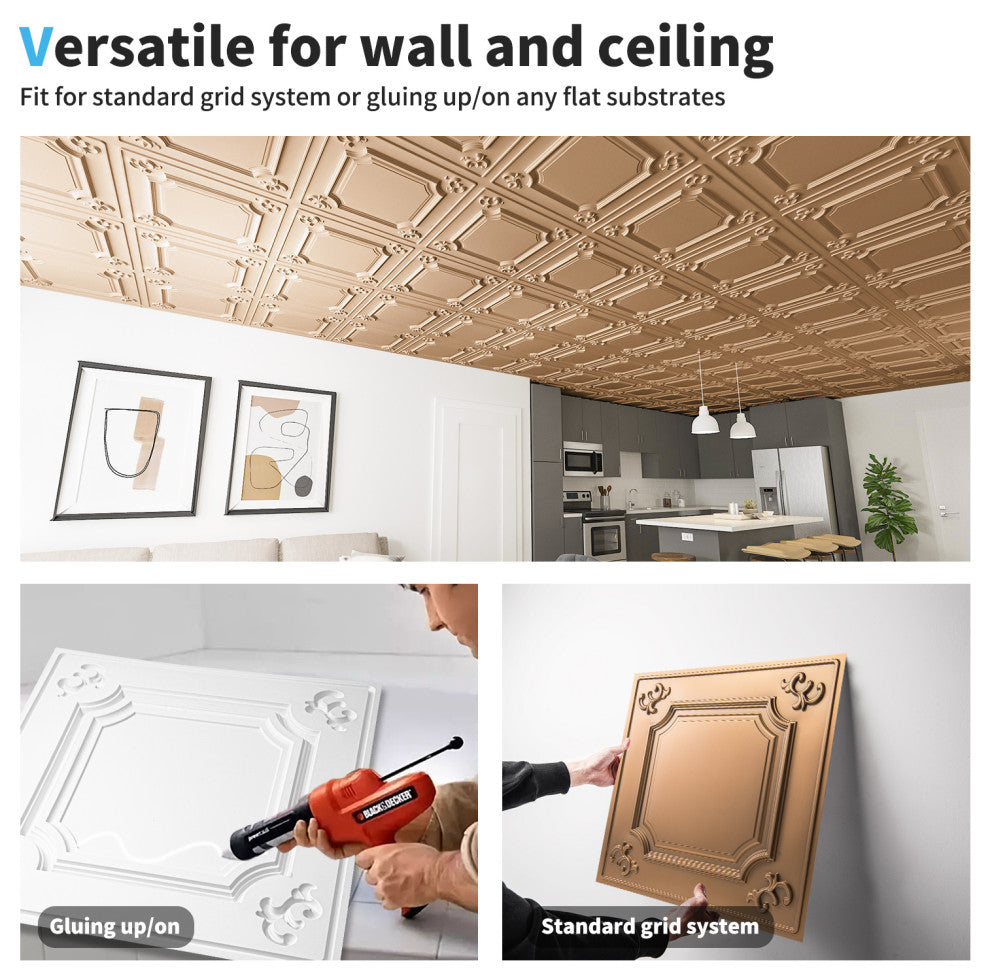 Drop Ceiling Tiles 24x24inch (12-Pack, 48 Sq.ft), Wainscoting Panels Glue Up 2x2, Bronze