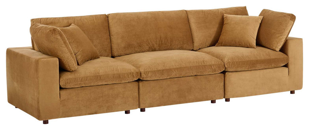 Commix Down Filled Overstuffed Performance Velvet 3-Seater Sofa Cognac