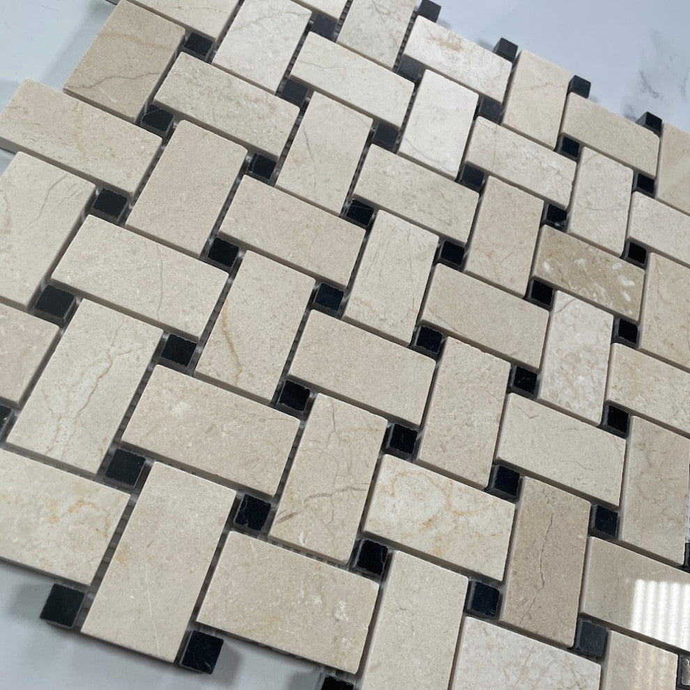 Crema Marfil Marble 1x2 Basketweave Mosaic Tile Black Dots Polished, 1 sheet