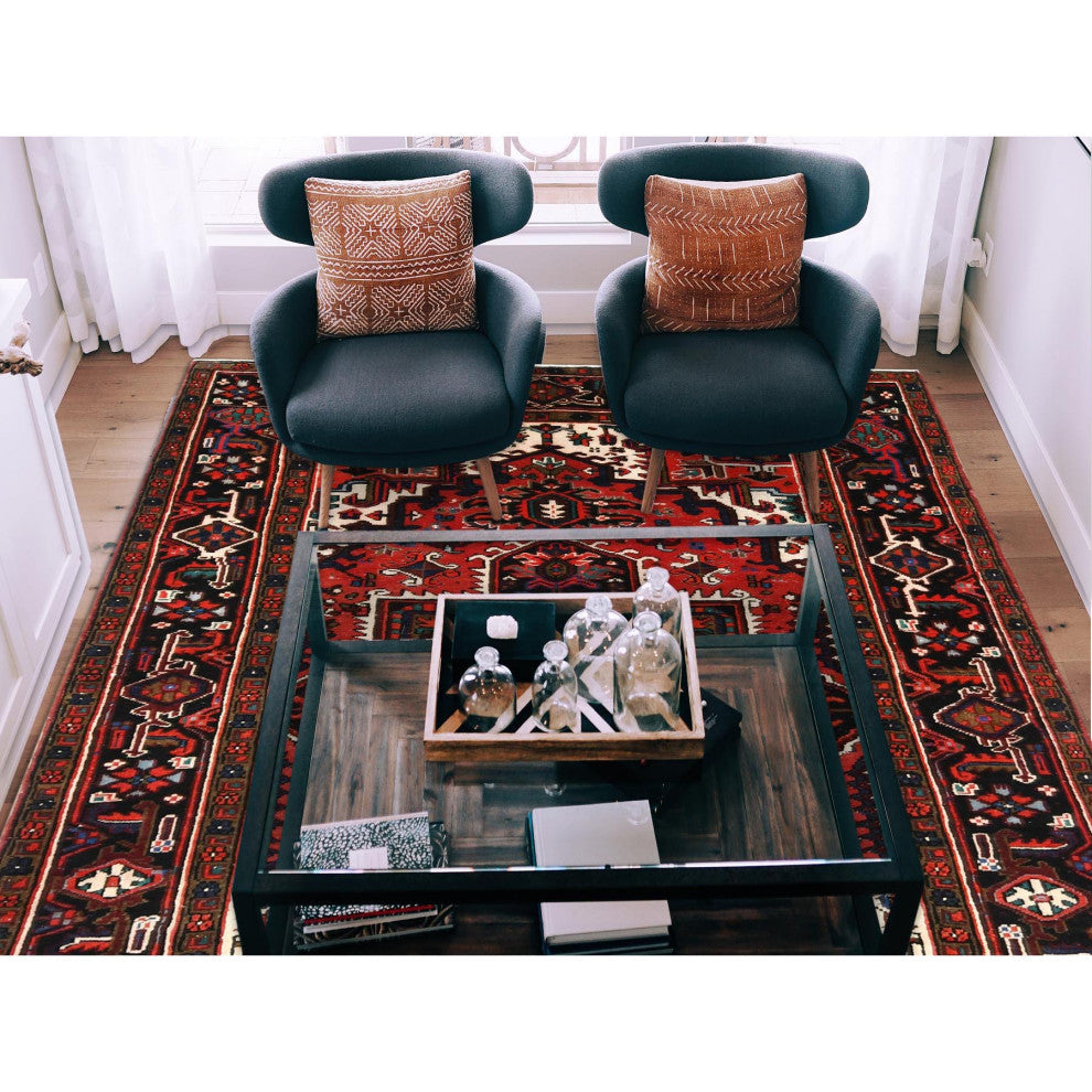 Tomato Red Vintage Zorostrian Heris Hand Knotted Worn Wool Rug, 6'8"x9'3"