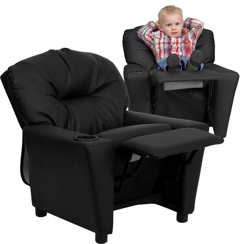 Contemporary Black Leather Kids Recliner With Cup Holder