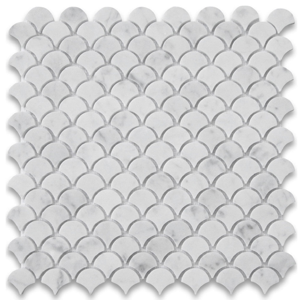 Carrara White Marble Fish Scale Dragon Scale Fan Mosaic Tile Polished, 1 sheet