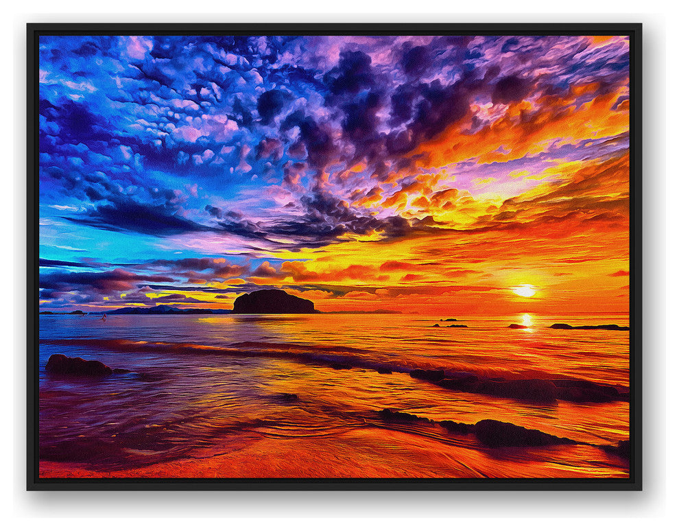 Vibrant Colorful Coastal Sunset 30x40 Black Floating Framed Canvas
