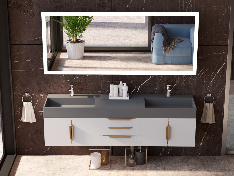 CastelloUSA Amazon 72" Wall Mounted Vanity Set, White, Gray Top, Gold Handles