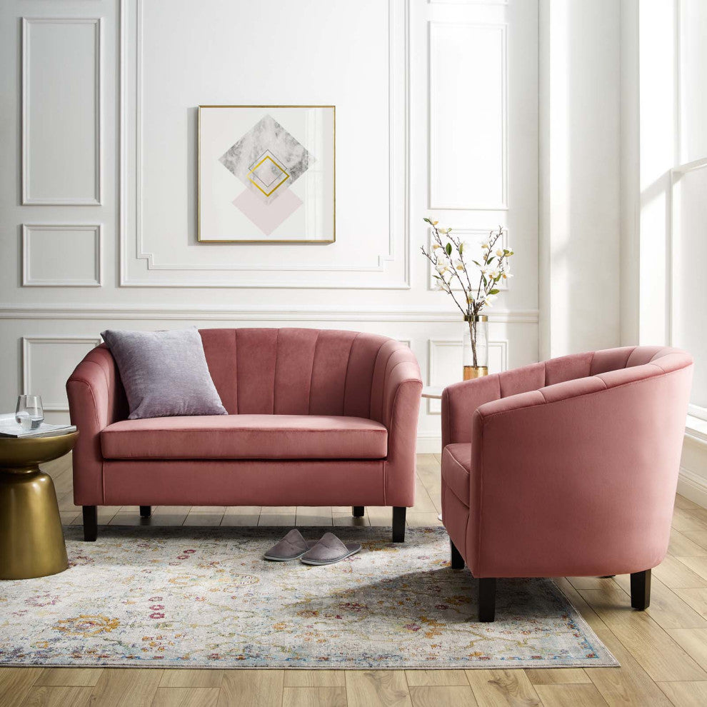 Tufted Armchair and Loveseat Sofa Set, Velvet, Pink, Modern, Lounge Hospitality