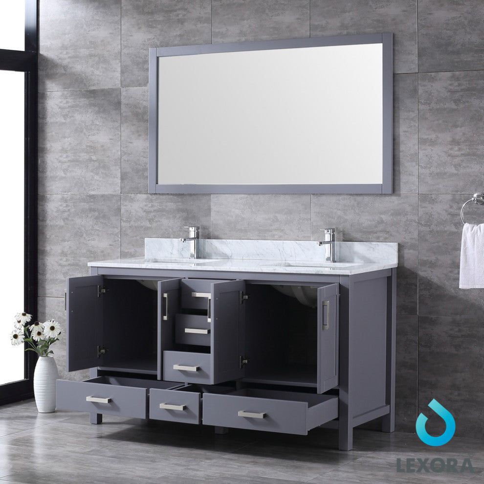 Jacques 60" Dark Gray Double Vanity Carrara Marble Top Sinks, 58" Wall Mirror